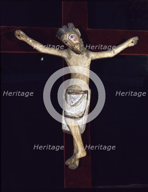  'Christ of Solsona', polychromed wood carving, Christ crucified with feet together by a single n…
