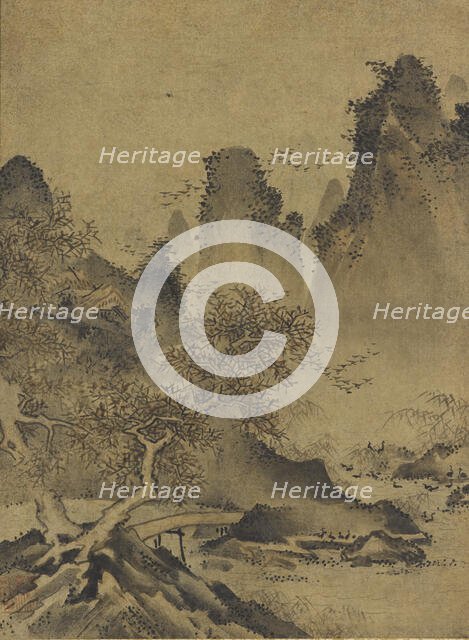 Landscape: mountains, stream and bridge, late 15th-early 16th century. Creator: Kenko Shokei.