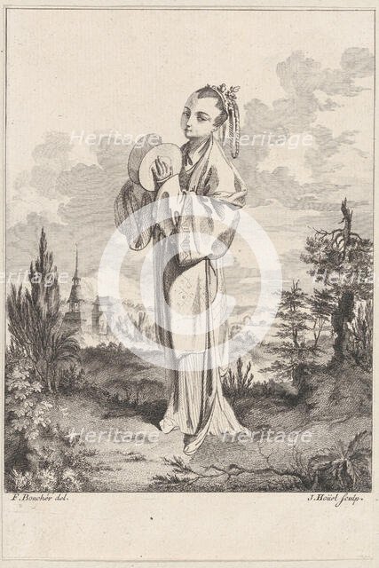 Chinoiserie with a woman holding cymbals, from Suite de Figures Chinoises. . .Tiré du C..., 1755-76. Creator: Jean-Pierre Houel.