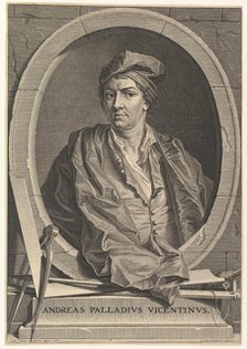 Portrait of Andrea Palladio in half-length within an oval frame; a compass, carpenter's sq..., 1716. Creator: Bernard Picart.