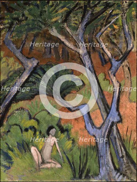 Forest landscape with nude, 1924. Creator: Mueller, Otto (1874-1930).