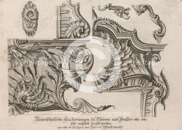 Suggestion for the Decoration of the Lower and Top Right of a Frame, Plate ..., Printed ca. 1750-56. Creator: Jeremias Wachsmuth.