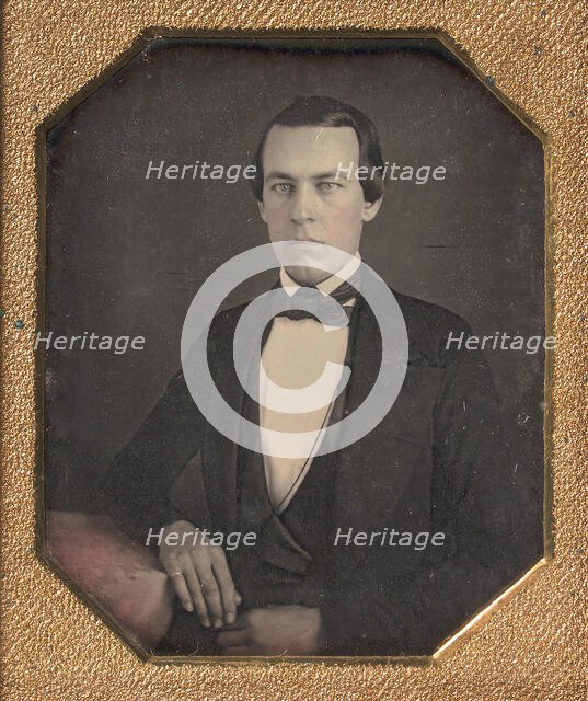 Seated Young Man with Arm Resting on Table, 1840s. Creator: Unknown.
