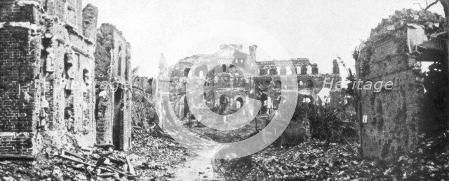 The ruined town and church bell tower of Albert, Somme, France, 22 August 1918. Artist: Unknown