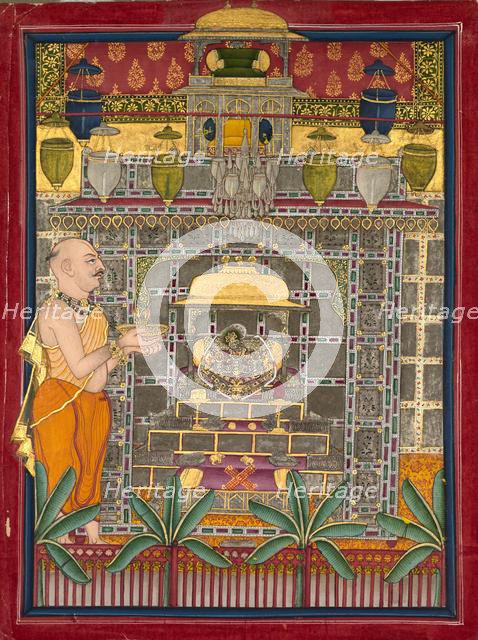 Maharao Kishor Singh dressed as a Vallabha priest worshipping Krishna as Brijrajji, mid 1800s. Creator: Unknown.