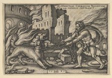 Hercules Capturing Cerberus, from The Labors of Hercules, 1545. Creator: Sebald Beham.
