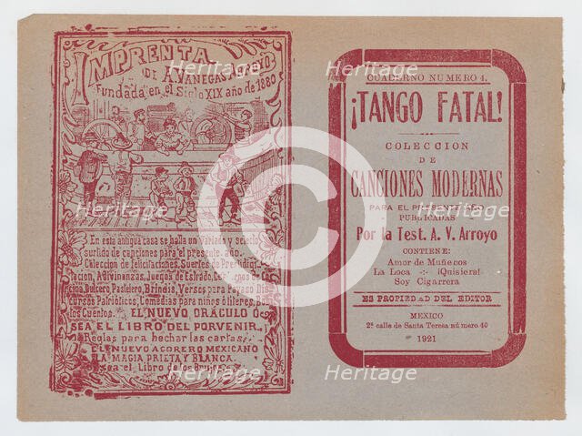 Cover for 'Tango Fatal! Coleccion de Canciones Modernas', ca. 1921., ca. 1921. Creator: José Guadalupe Posada.