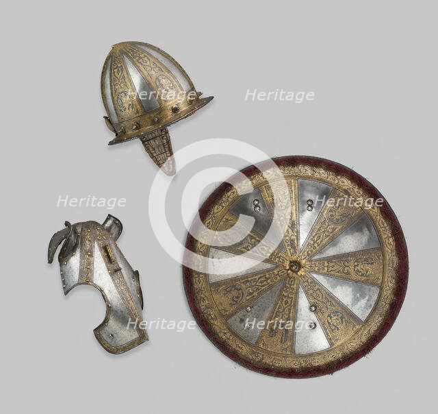 Infantry Garniture of a Target (Shield) and Pointed Morion, Milan, 1570/80. Creator: Unknown.
