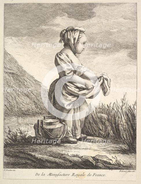 Little girl with a vessel by her feet, from Premier Livre de Figures d'après les porcelain..., 1757. Creator: Pierre Etienne Falconet.