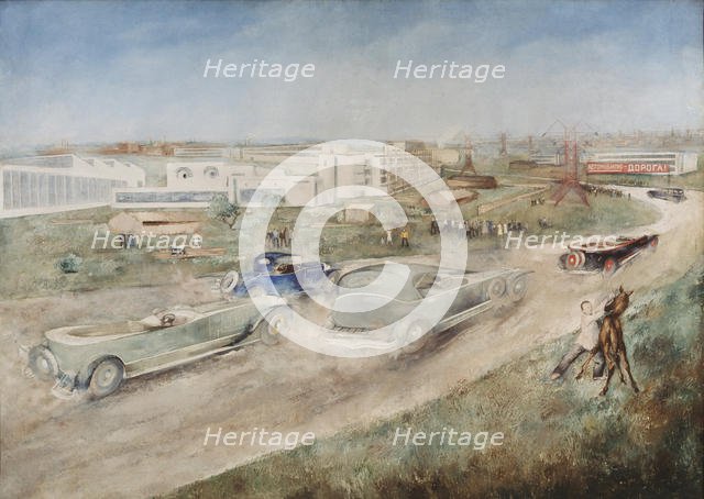Car race, 1930. Artist: Williams, Pyotr Vladimirovich (1902-1947)