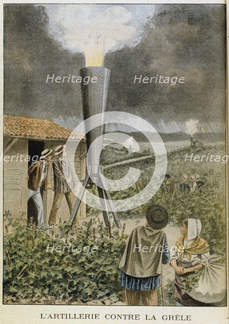 Firing a cannon into clouds to prevent a hail storm, 1901. Artist: Unknown