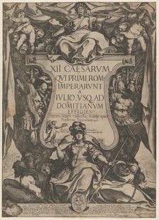 Frontispiece with a trumpeter sounding trumpets seated on top of a cartouche flanked by tr..., 1606. Creator: Raffaello Schiaminossi.