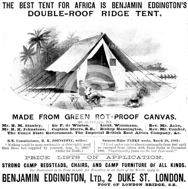 Advertisement for Benjamin Edgington, double-roof ridge tent, 1895. Creator: Unknown.