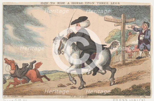How to Ride a Horse Upon Three Legs, June 11, 1808., June 11, 1808. Creator: Thomas Rowlandson.