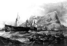 HMS Victory towed back to Gibraltar, 1805, 19th century. Artist: Unknown