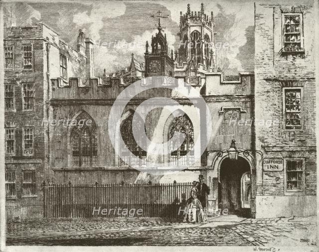 'Clifford's Inn Hall and Clock Turret, with the Lantern Tower of St. Clement Danes Beyond', 1934. Creator: William Monk.