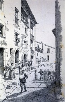 Third Carlist War (1872 - 1876), accommodation of Carlist troops in a village of Catalonia, engra…