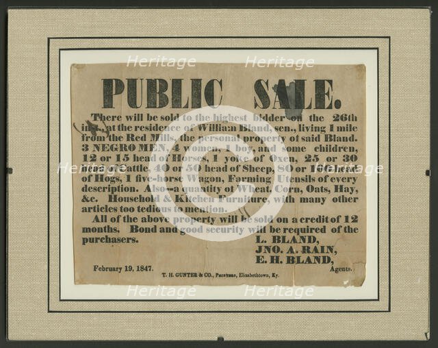 Broadside for the sale of enslaved persons and other property of William Bland, 1847. Creator: Unknown.