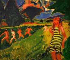The black-and-yellow striped bathing suit, 1909. Creator: Max Pechstein.