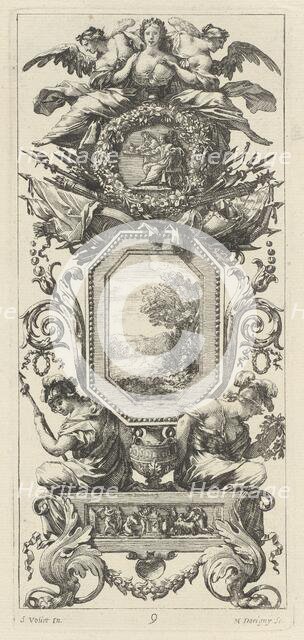 Ornamental Panel Surmounted with Two Figures Leaning on the Bust of a Woman, 1647. Creator: Michel Dorigny.