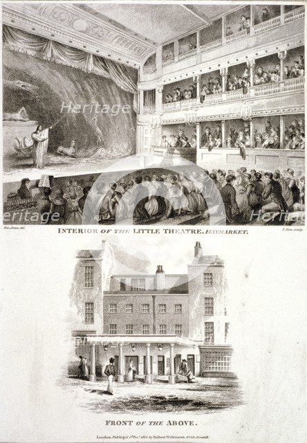 Interior and exterior views of the Haymarket Theatre, Westminster, London, 1815. Artist: James Stow
