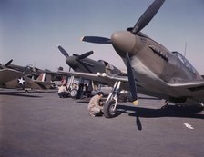 P-51 ("Mustang") fighter planes being prep...North American Aviation, Inc, Inglewood, Calif., 1942. Creator: Alfred T Palmer.