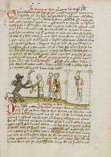 The Devil with a Man Wearing a Blindfold: The Man Hanging from a..., third quarter of 15th century. Creator: Unknown.