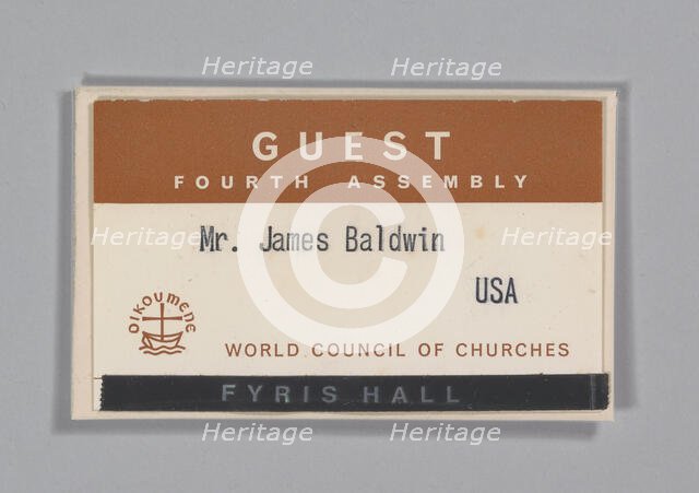 World Council of Churches guest badge for James Baldwin, July 1968. Creator: Unknown.