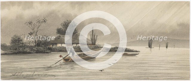 River landscape with two cottages, 1840s. Creator: Aivazovsky, Ivan Konstantinovich (1817-1900).