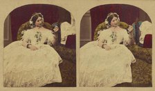 Woman seated in enlongated chair admiring herself in a hand mirror, about 1865. Creator: London Stereoscopic & Photographic Co.