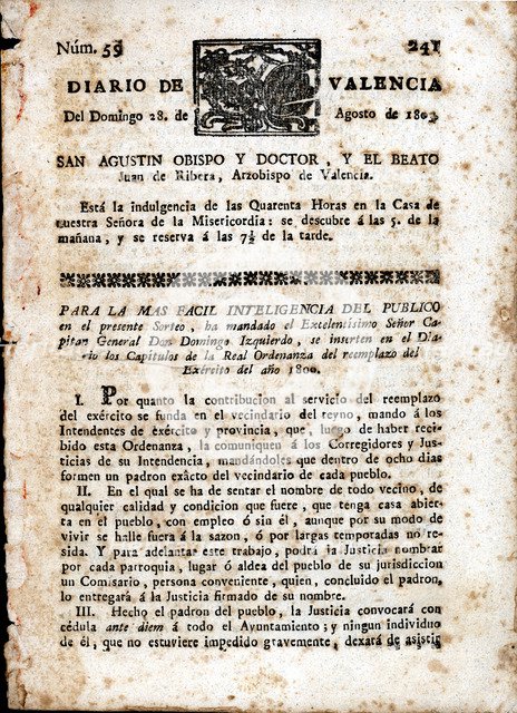 Diario de Valencia, No. 59 of Sunday August 28, 1803.