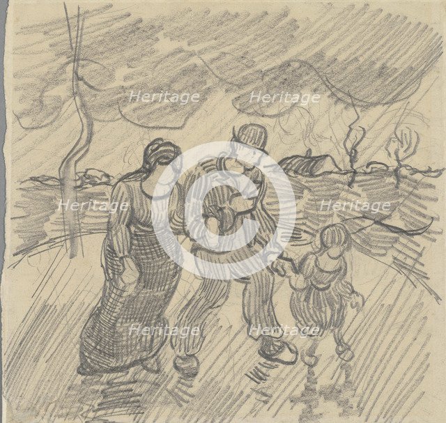 Strolling couple with child on a road in the rain, 1890.