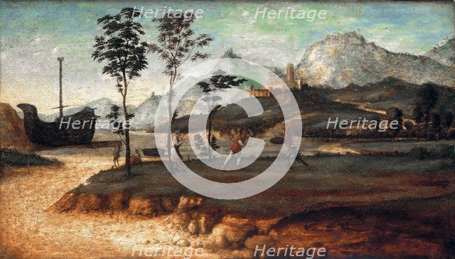 Coastal Landscape with two men fighting, c. 1510. Artist: Cima da Conegliano, Giovanni Battista (ca. 1459-1517)
