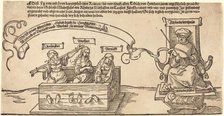Justice, Truth and Reason in the Stocks with the Seated Judge and Sleeping Piety, probably 1526. Creator: Albrecht Durer.