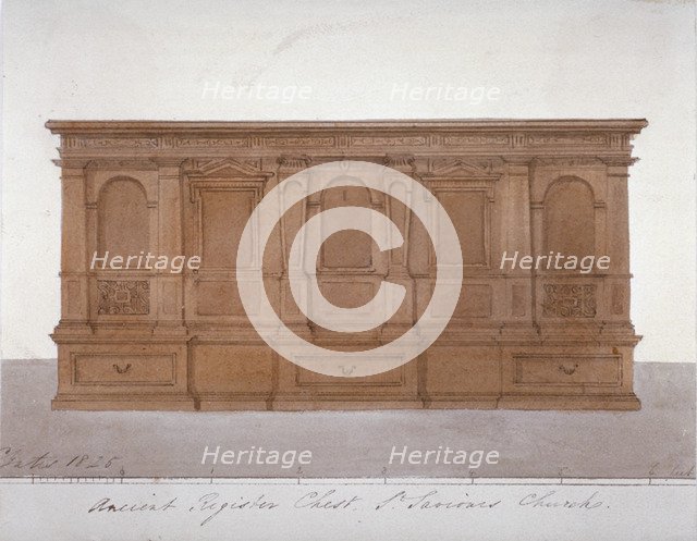 Ancient register chest from Southwark Cathedral, London, 1825. Artist: G Yates