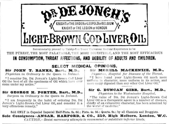 Advertisement for Dr. de Jongh’s Light-Brown Cod Liver Oil, 1890. Creator: Unknown.