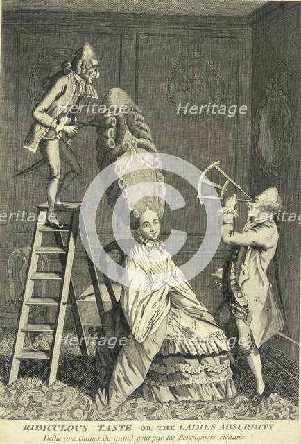 A seated lady has her hair curled and dressed to a towering height, c1770. Artist: Unknown