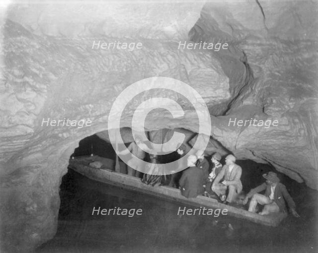 "On Echo River" (boat with tourists), Mammoth Cave, Edmondson County, Kentucky, c1891. Creator: Frances Benjamin Johnston.