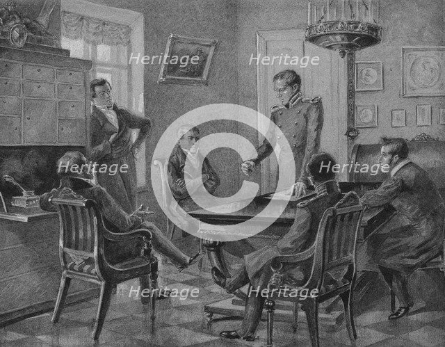 Pavel Pestel speech at the meeting of the Northern Society of the Decembrists in Petersburg, 1936. Artist: Goldstein, Konstantin Mikhailovich (1881-1944)