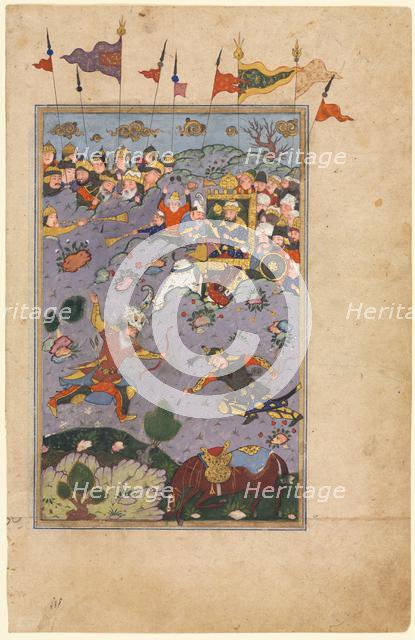 Rustam meets the challenge of Ashkabus, from a Shah-nama (Book of Kings) of Firdausi...c1590-1600. Creator: Unknown.