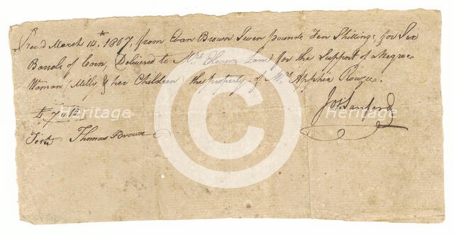 Payment receipt for loan of Milly and her children, owned by Apphia Rouzee, March 14, 1807. Creator: Unknown.