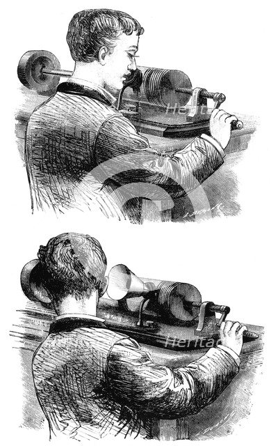 Making a recording with, and listening to, first Edison Phonograph, 1878. Artist: Unknown