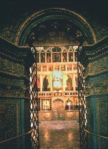 Interior with the iconostasis in the Annunciation Cathedral in the Moscow Kremlin, 14th-15th cen.. Artist: Old Russian Architecture  