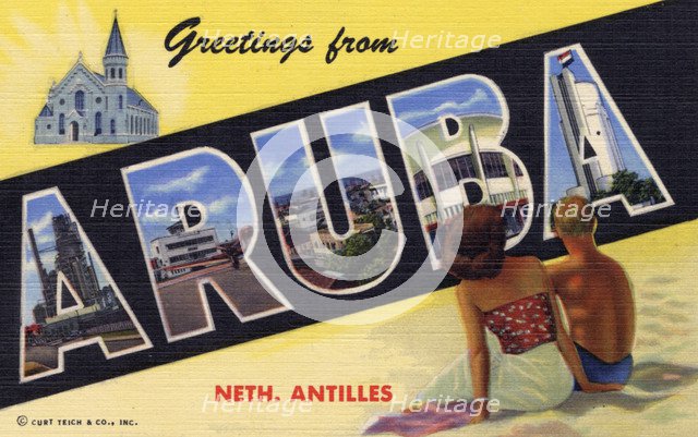 'Greetings from Aruba, Netherlands Antilles, postcard, 1950. Artist: Unknown