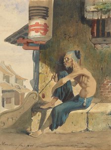 Old, skinny Chinese (opium smoker?) sitting on a sidewalk in Batavia, 1846. Creator: Ernest Alfred Hardouin.