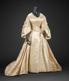 Wedding Dress (Skirt, Bodice, Peplum, Pair of Gloves), about 1870. Creator: Unknown.