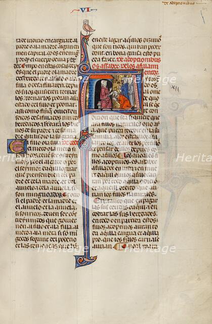 Initial A: A Man Placing his Hand on the Head of a Kneeling Man; Vidal Mayor, about 1290-1310. Creator: Unknown.