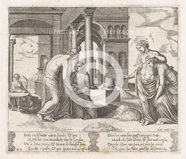 Plate 22: Venus standing at right ordering Psyche to sort a pile of grain, at left the ..., 1530-60. Creator: Master of the Die.
