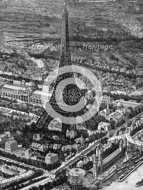 Bird's-eye view of the Eiffel Tower at the time of the opening of the Paris Exposition of 1889. Artist: Unknown