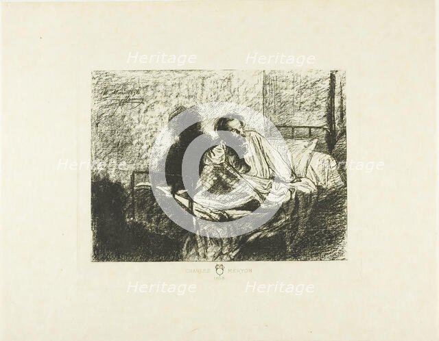Portrait of Charles Meryon Sitting Up in Bed, 1858. Creator: Leopold Flameng.